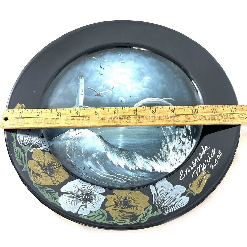 Hand Painted Arcoroc Glass Plate Dolphin Lighthouse Scene Ensenada Mexico - Picture 4 of 7